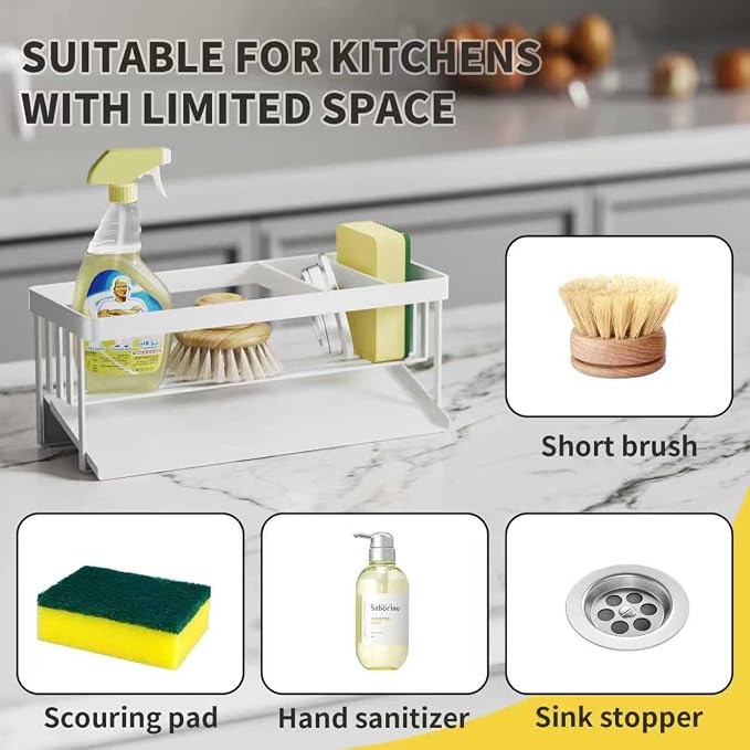 Kitchen Sink Caddy Organzier with Sponge Holder and Removable Drip Tray for Kitchen Sink, 304 Stainless Steel Organize for Sponge Soap Dish Brush Storage Accessories(White)