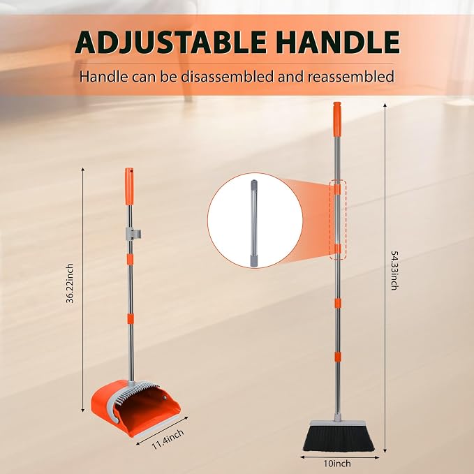 YZO Broom with Dustpan Combo Set, 54.33 Inch Long Handle Standing Design, Dustpan Front Rubber Tight Seal, Broom with 5 Layer Bristles, Suitable for Living Room, Yard, Office and Apartment (Orange)