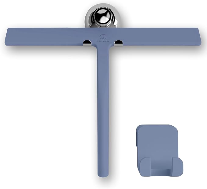 GÜTEWERK Silicone Shower Squeegee for Glass Doors & Mirrors with Stainless Steel Core, Streak-Free & No-Squeak Window Cleaning, 3-in-1 No-Drill Mount (Hook/Suction/Adhesive),Blue, 11 Inches