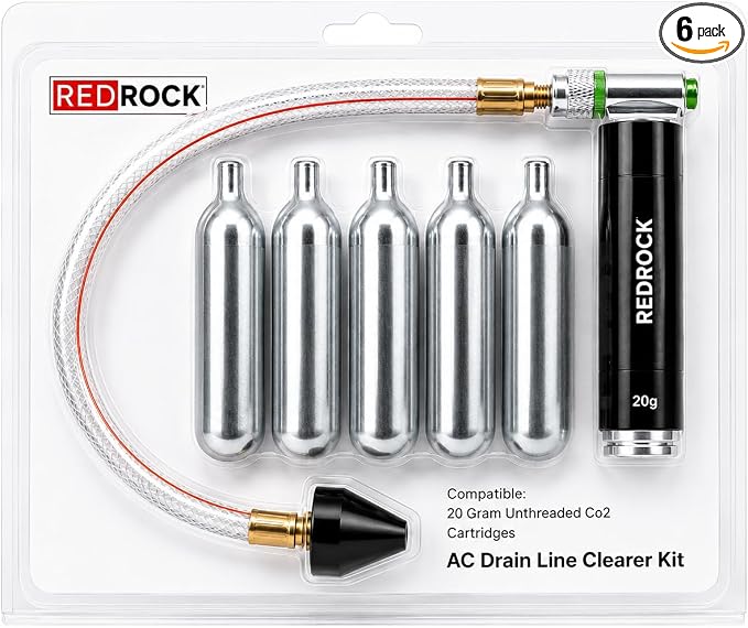 RedRock Gallo Drain Gun AC Drain Line Cleaner Tool, HVAC Air Conditioner Condensate Blaster Cleaning Kit with Flexible Hose Pipe, Includes 5 Unthreaded CO2 Cartridges, 20 Grams