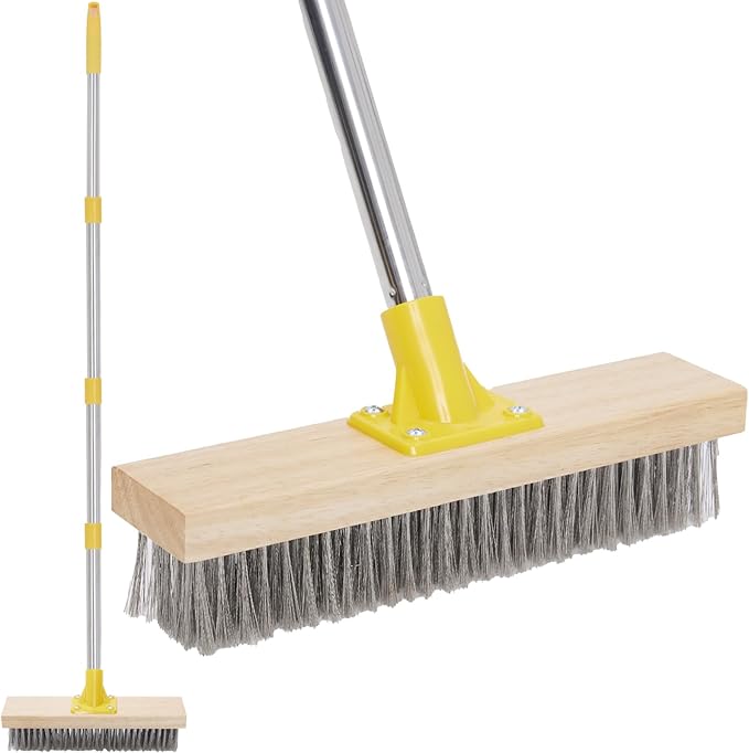 Stainless Steel Deck Brushes with Long Handle for Scrubbing Concrete Floor | 60" Concrete Floor Scrub Brush with Long Handle, Metal Stiff Wire Scrubber Broom for Garage, Patio, Garden, Outdoor Stain