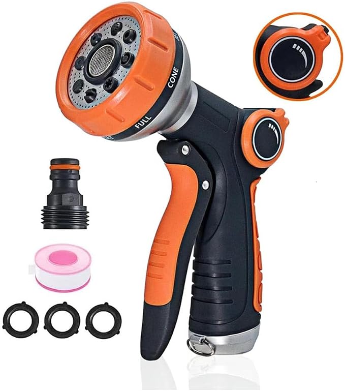 Garden Hose Nozzle Heavy Duty, High Pressure Adjustable 8 Patterns | Metal Water Hose Nozzle Volume Control Valve Attachment Hose Sprayer Nozzle for Outdoor Garden Watering Car Washing