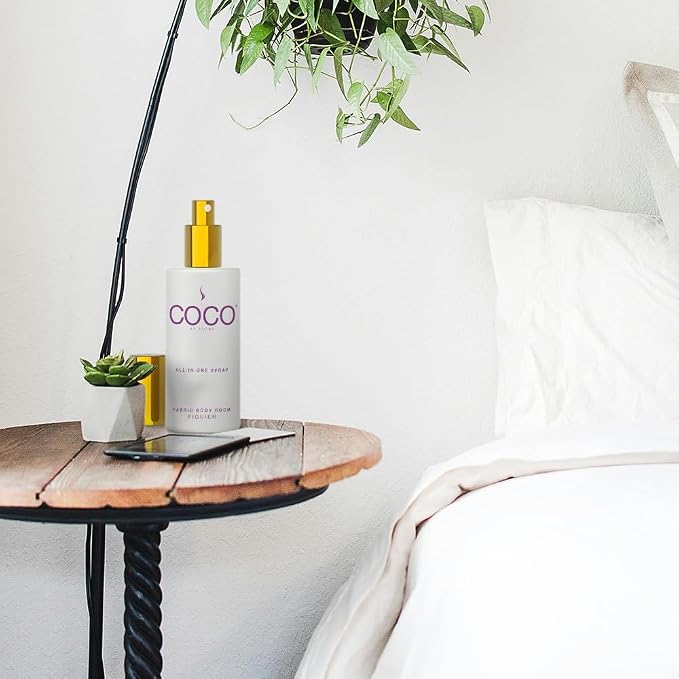 COCO by Stone 5oz All-in-One Spray Figuier Fabric & Room Mist | Shake-and-spray formula for fabrics, pillows, clothing, and rooms with a luxurious Figuier fragrance. Vegan & cruelty-free.