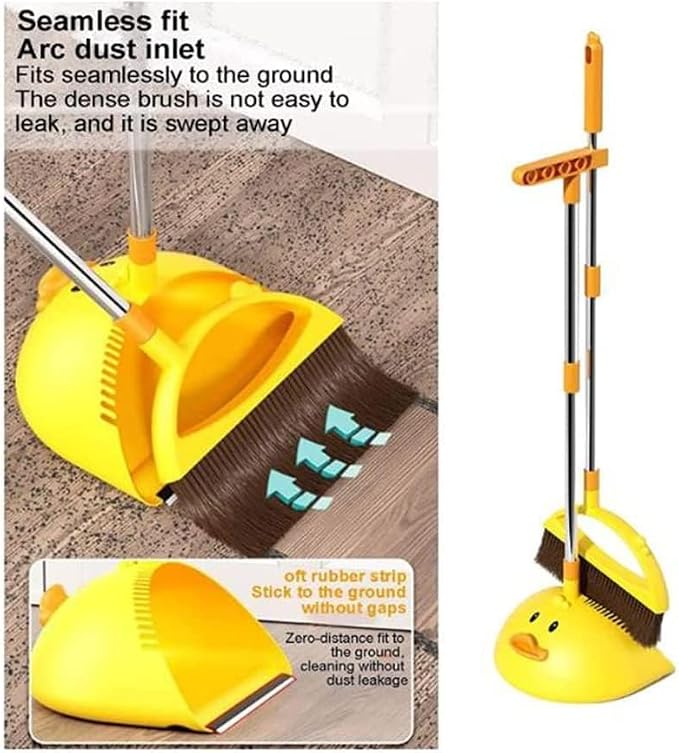 Cute Duck Cleaning Broom and Dustpan Set with Long Handle Stand Up Broom and Dustpan for Home Kitchen Room Office, Outdoor Indoor (Yellow)