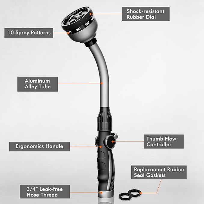 RESTMO Watering Wand Heavy Duty, 15-Inch Long Hose Nozzle Sprayer | 10 Spray Patterns & Thumb Flow Control, Metal Garden Hose Wand for Water Hanging Baskets and Shrubs, Silver