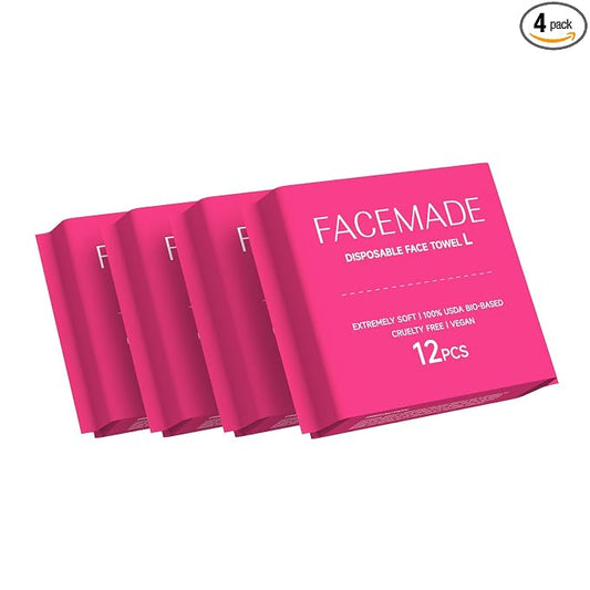 FACEMADE 48 Count (4 Packs) Disposable Travel Towels, 100% USDA Biobased Face Towels Disposable for Outdoor Cleaning, Clean Towels for Remove, Cleanse & Dry, Super Soft and Thick Dry Wipes