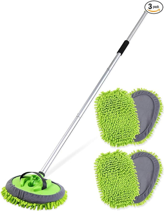 62’’ Car Wash Brush Kit with 2 Replacement Head Covers, Microfiber Car Washing Kit with Long Handle, Car Wash Mop for Cars RV Truck Exterior