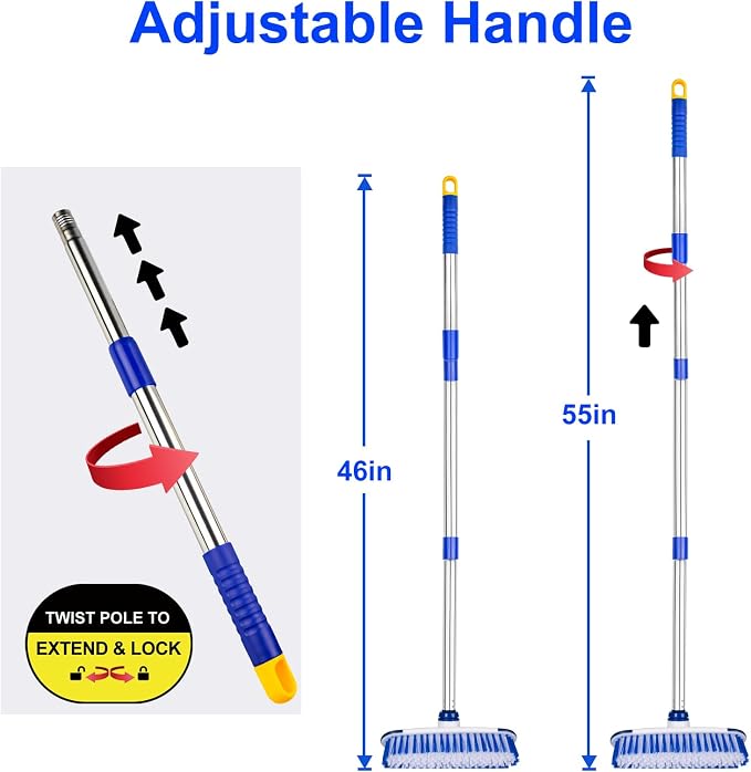 Floor Scrub Brush with Long Handle, 2 in 1 Deck Scrub Brush, Stiff Bristle Scrub Broom & Cleaning Brush for Tile Floor,Deck,Patio,Marble,Garage,Wall, Kitchen,Bathroom