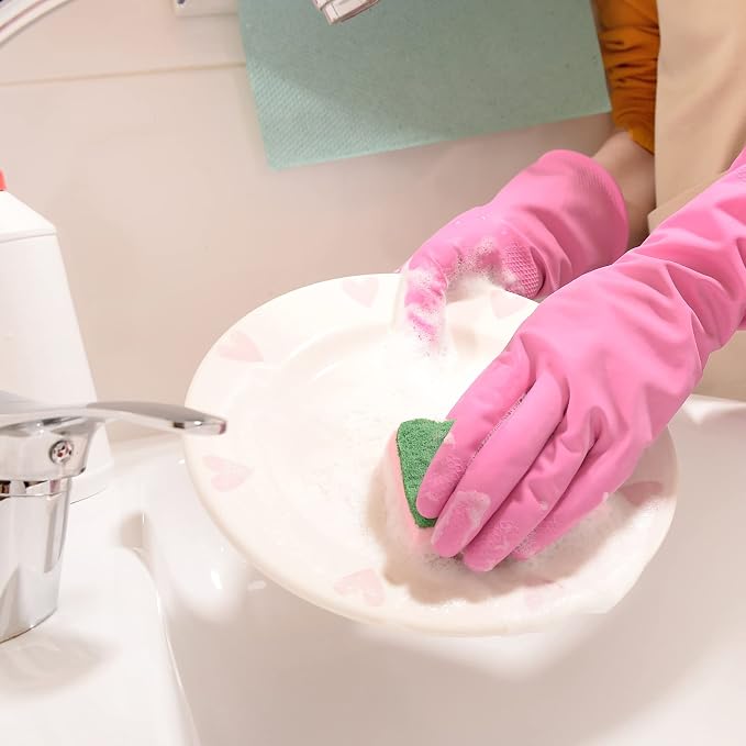Bamllum Rubber Kitchen Dishwashing Gloves - 4 Pairs Colorful Reusable Household Cleaning Gloves for Washing Dishes and Cleaning Tasks, Flexible Long-lasting and Non-Slip (Small, Blue+Pink+Yellow+Red)