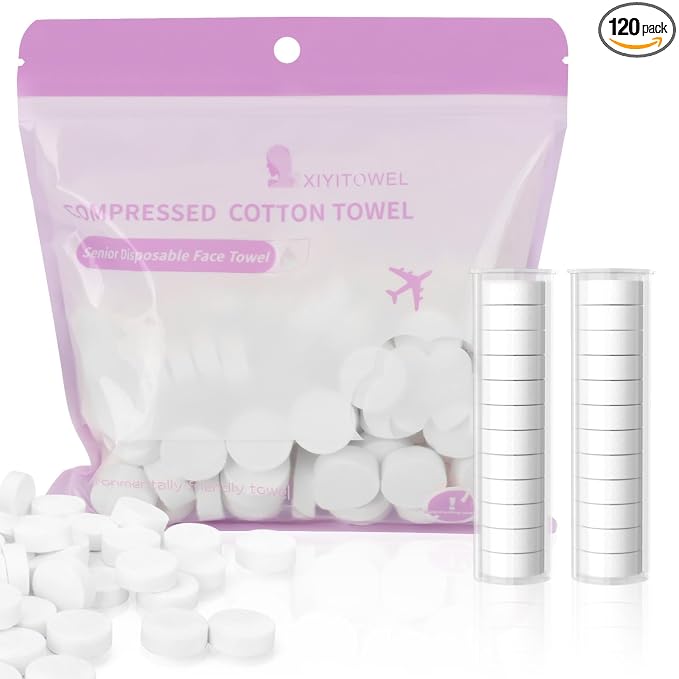 Classycoo Compressed Towel 120 PCS with 2 Carrying Cases,Disposable Mini Tablets Portable Face Towel Cotton Coin Tissue for Travel, Camping, Hiking, Sport, Home Hand Wipes, Outdoor Activities(Purple)
