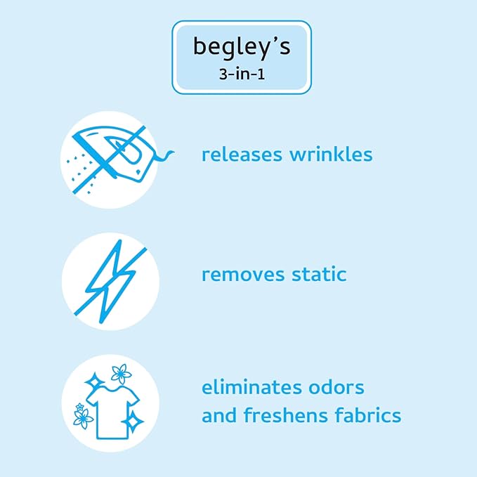 Begley's 3-in-1 Wrinkle Remover, Quick Fix Wrinkle Release, Static Cling Remover, Odor Eliminator and Fabric Refresher Spray - Plant-Derived, USDA Certified Biobased - Fragrance-Free, 3 oz Travel Size