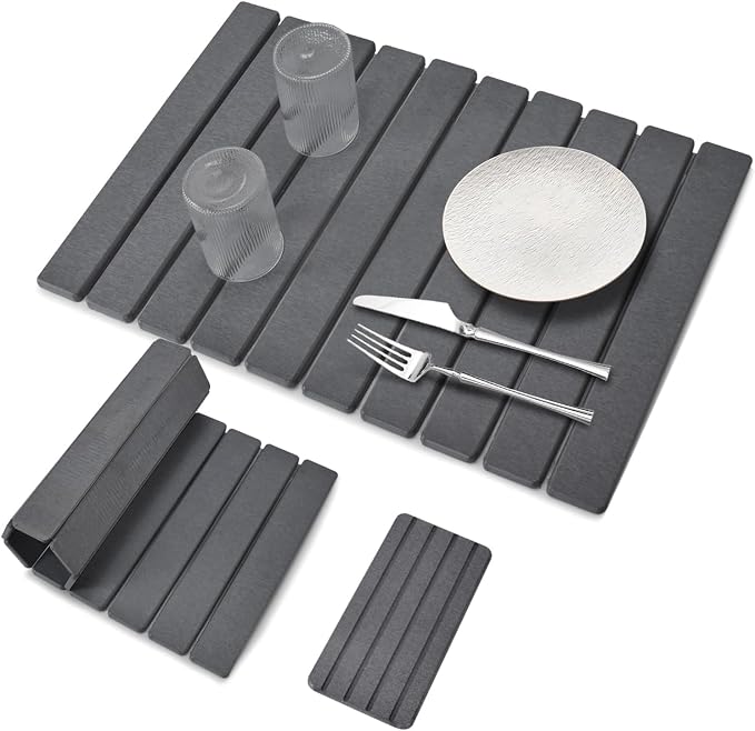 2 PCS Large Stone Dish Drying Mat for Kitchen Counter, 24"×16" Dish Drying Mat with 8"x 4" Coasters, Non - Slip Collapsible Absorbent Mat for Multi - Purpose, Match Any Countertop【Gray】