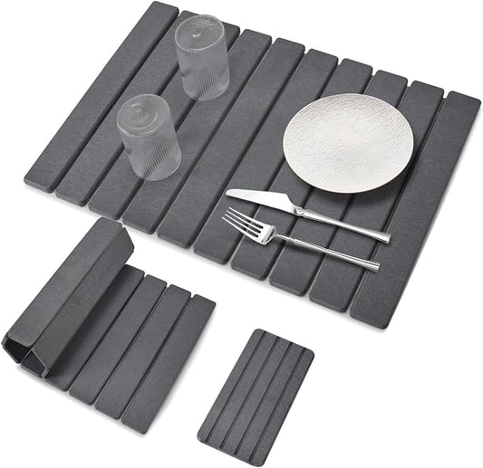 2 PCS Large Stone Dish Drying Mat for Kitchen Counter, 24"×16" Dish Drying Mat with 8"x 4" Coasters, Non - Slip Collapsible Absorbent Mat for Multi - Purpose, Match Any Countertop【Gray】