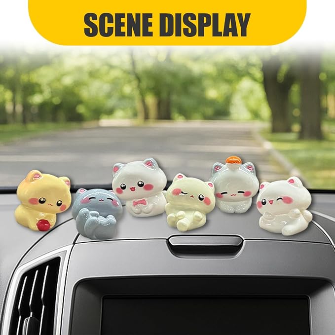 6PCS Cute Mini Cat Car Dashboard Decorations, Resin Cartoon Figurine Set for Rear View Mirror & Center Console Ornaments, Funny Car Interior Accessories for Home Office Desk (Kitten)