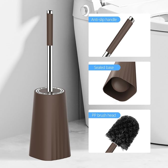 SetSail Toilet Brush, Compact Size Toilet Bowl Brush and Holder Toilet Brushes for Bathroom with Stainless Steel Handle Toilet Cleaner Brush with Durable Scrubbing Bristles, Brown
