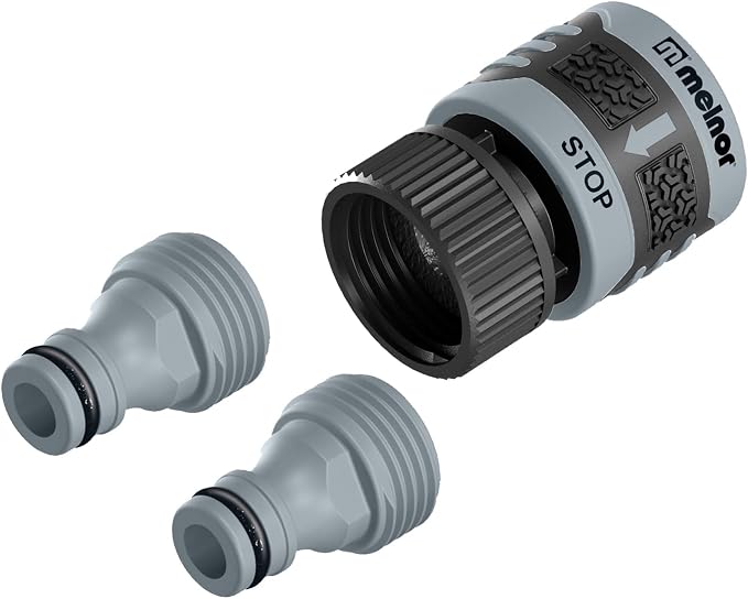 Melnor 65180AMZ 3 Piece Quick Connect Starter Set Connector Bundle, Product Adapter, Product End Connector, Black, Grey