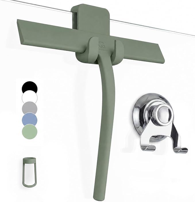 GÜTEWERK Silicone Shower Squeegee for Glass Doors & Mirrors with Stainless Steel Core, Streak-Free & No-Squeak Window Cleaning, 3-in-1 No-Drill Mount (Hook/Suction/Adhesive),Green, 9 Inches