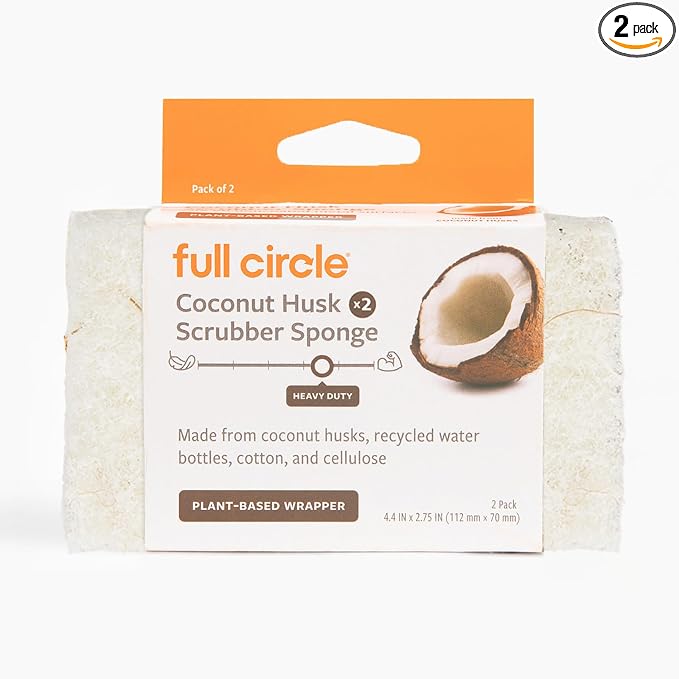 Full Circle Coconut Scrubber Sponges, Pack of 2 – Dual-Sided, Plant-Based Sponges Made with Coconut Shells, Cellulose & Recycled Materials, Safe for Nonstick Cookware