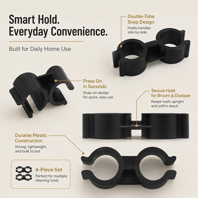 Garneck 4pcs Double Pipe Broom Clips: Plastic Connection Buckles Fits 1 8-2cm Diameter Dustpan Broom Wall Holder Clamp for Storage Cleaning Tool, Easy Installation