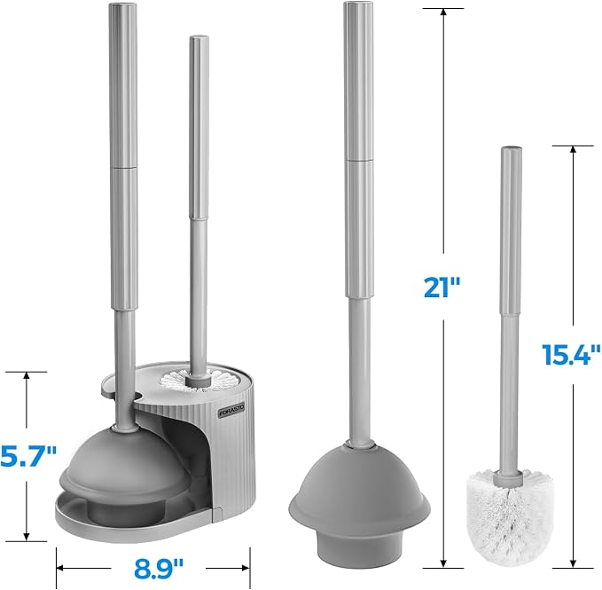FORASTO 2Pack 3in1 Toilet Brush and Plunger Set - Bathroom Bowl Holder Kit | 21", Cleaning Gloves, Heavy Duty Rubber Toilet Bowl Cleaner, Apartment Must Haves Bathroom Decor Accessories, Dark Grey