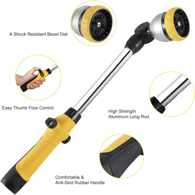 FANHAO 16 Inches Garden Watering Wand, 180° Rotating Head Hose Wand with Thumb Control Shut Off Valve 8 Patterns Heavy Duty Garden Hose Nozzle Yellow