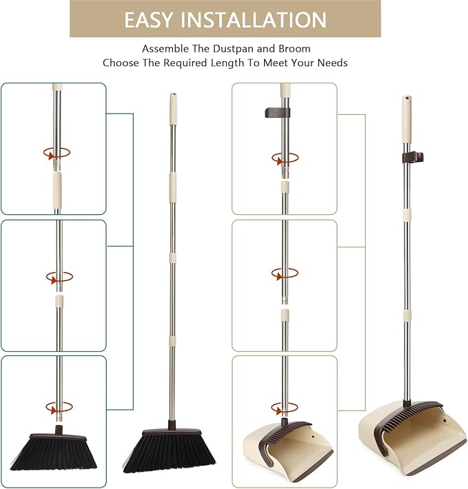 Broom and Dustpan Combo Set,55" Long Handle,Beige | Heavy Dust,Dustpans with Broom Combo,House Accessories for Home, Kitchen,Office,Classroom,Apartment,Pet Hair