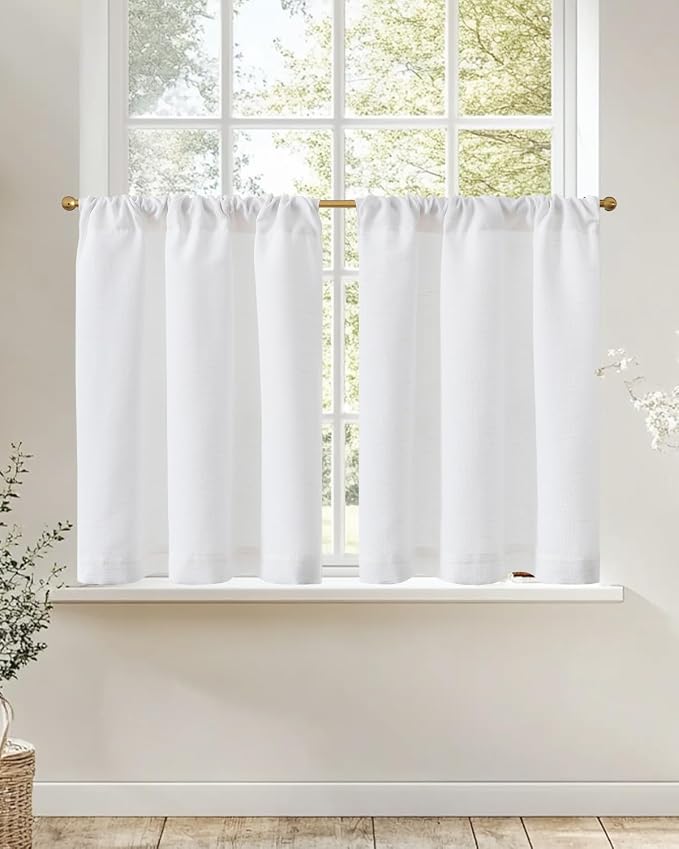 jinchan Linen Tier Curtains with Lined, 26x24, 2 Panels, Beige White | Light filtering, rod pocket, cafe curtains, machine washable, small window treatment, cottage style, kitchen, laundry room