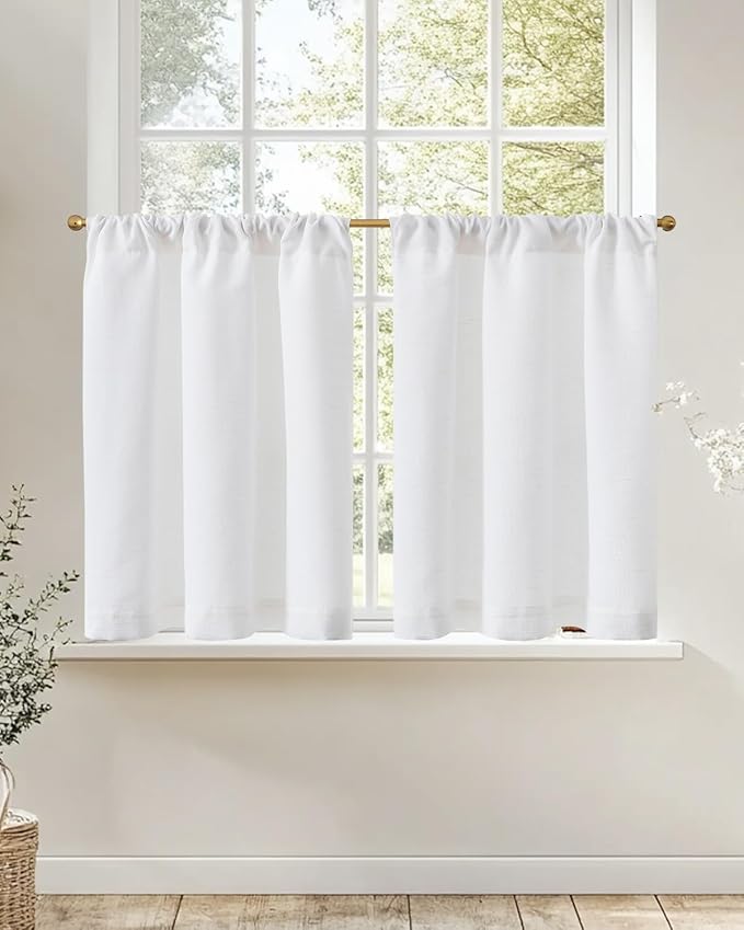 jinchan Linen Tier Curtains with Lined, 26x45, 2 Panels, Beige White | Light filtering, rod pocket, cafe curtains, machine washable, small window treatment, cottage style, kitchen, laundry room