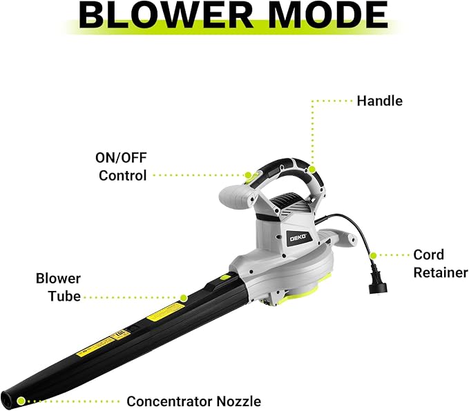 Electric Leaf Blower Vacuum Mulcher: DEKOPRO 12 Amp 3 in 1 Electric Leaf Blower Corded Lawn Care Tools, Leaf Vacuum and Mulcher, 40L Leaf Collector Bag with Shoulder Strap for Yard, Garden, Patio