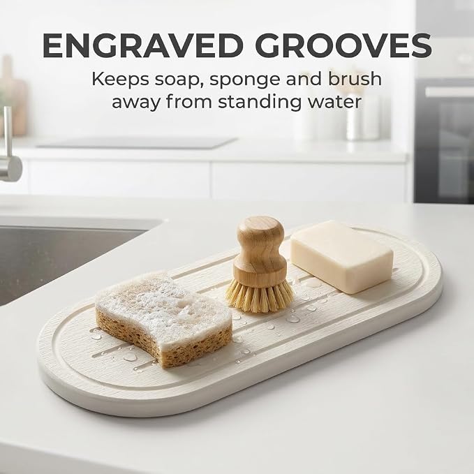 Razborci 2PCS Water Absorbing Stone Drying Tray Mat for Bathroom Sink & Kitchen Counter Faucet Organizer Decor, Quick Dry Dish Soap Dispenser Sponge Holder, Vanity Sink Caddy Coaster,White -10"*3.8"