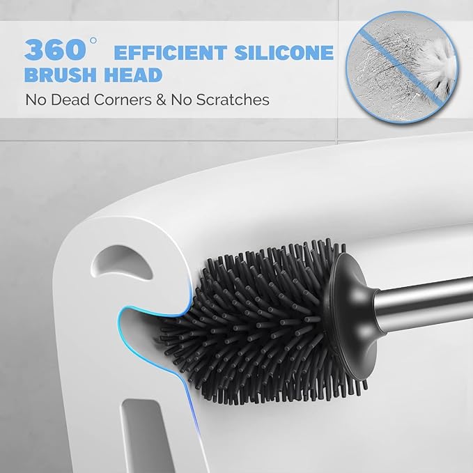 HAMITOR Toilet Bowl Brush Holder Set: 2Pack Silicone Stainless Steel Deep Cleaning Toilet Cleaner Brush for Bathroom Restroom - Compact Modern Rv Toilet Scrubber Accessories with Caddy