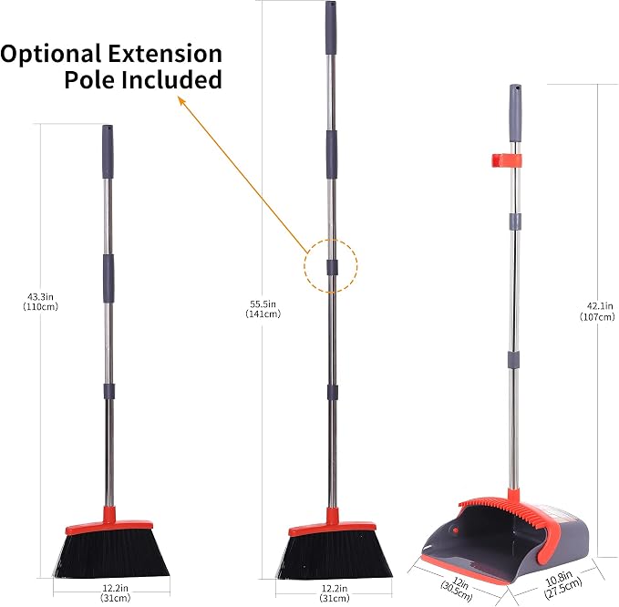 Broom and Dustpan Set 52-in Long Adjustable Handle Broom Dustpan Combo | Upright Dustpan with Teeth to Automatically Clean Hair, Suitable for Home Kitchen Office Hall Floor Lobby(Purple&Red)