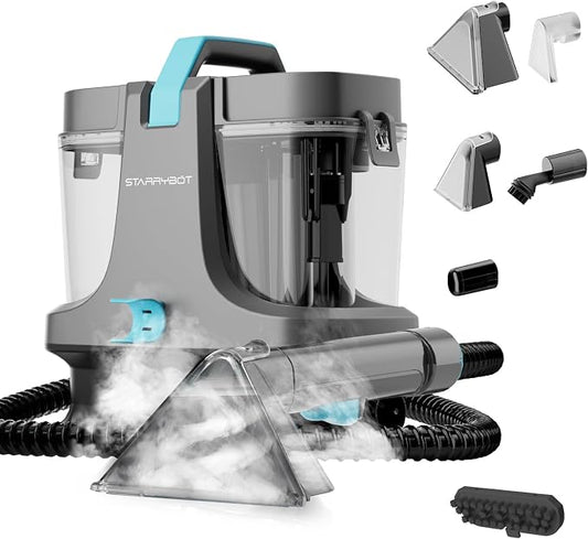 Starrybot Portable Carpet Cleaner with Steam, 18Kpa Spot Cleaner | Steam and heating technology help lift pet messes, couch stains, stair spots, rugs, and furniture dirt.