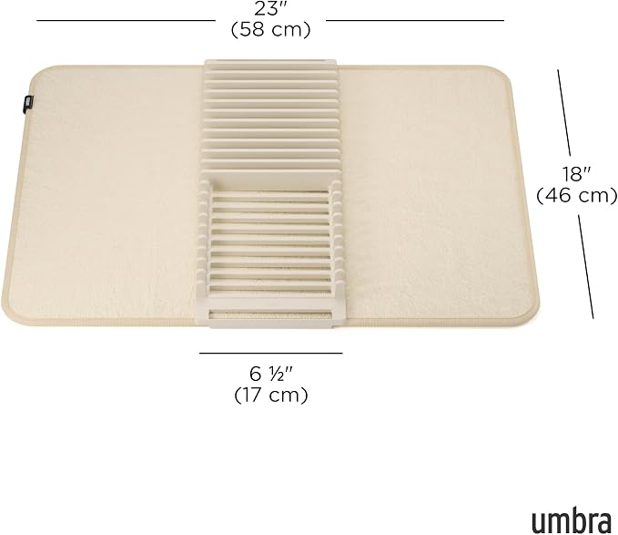 Umbra Udry Dish Rack and Microfiber Drying Mat – Space-Saving Design Folds Up for Easy Storage, Basic Rack, Linen