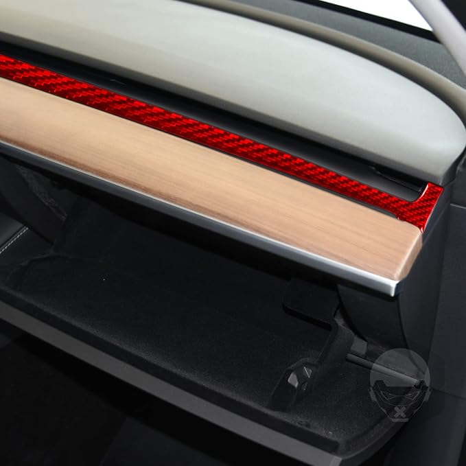 Red Real Carbon Fiber Trim for Tesla Accessories | for Model 3 2017-2022 / Model Y 2020-2024 Dashboard Sides Decoration Strip Sticker Interior Thick Overlay Decal