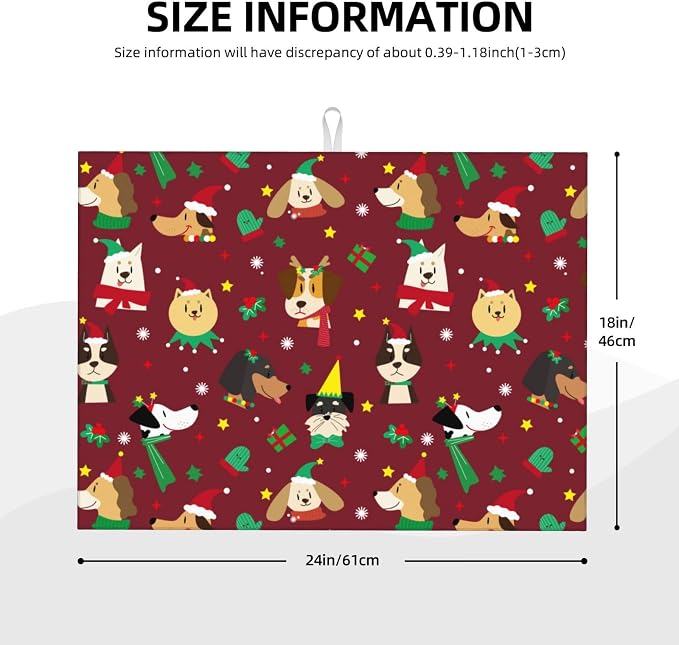 Red Christmas Puppy Dog Dish Drying Mat 18 x 24 Inch for Kitchen Counter Cute Kitchen Mat Microfiber Kitchen Countertop Absorbent Reversible Drainer Rack Pad Dish Drying Mat