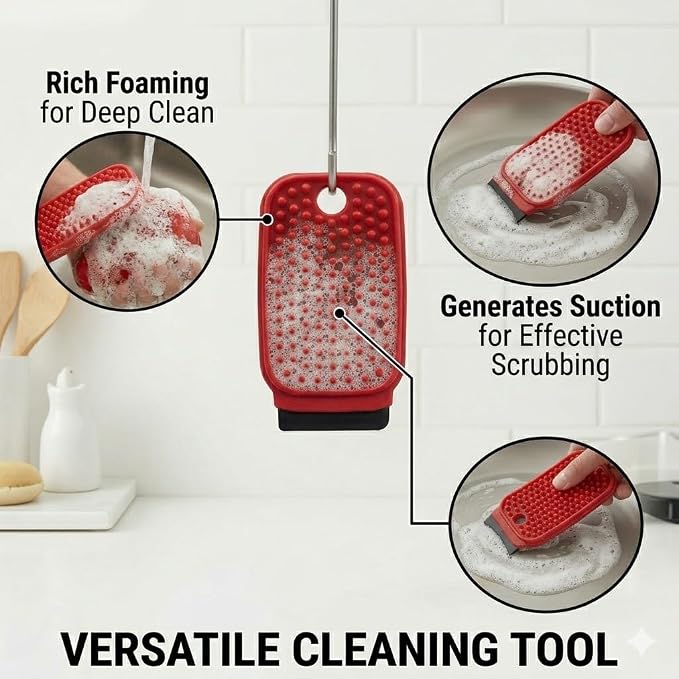 3-in-1 Silicone Dish Sponge - BPA-Free Food-Grade Cleaning Brush with Dual-Sided Scrubber & Scraper, Hanging Hole Fast-Dry Reusable for Dishes/Fruits/Vegetables (Red 1PCS)