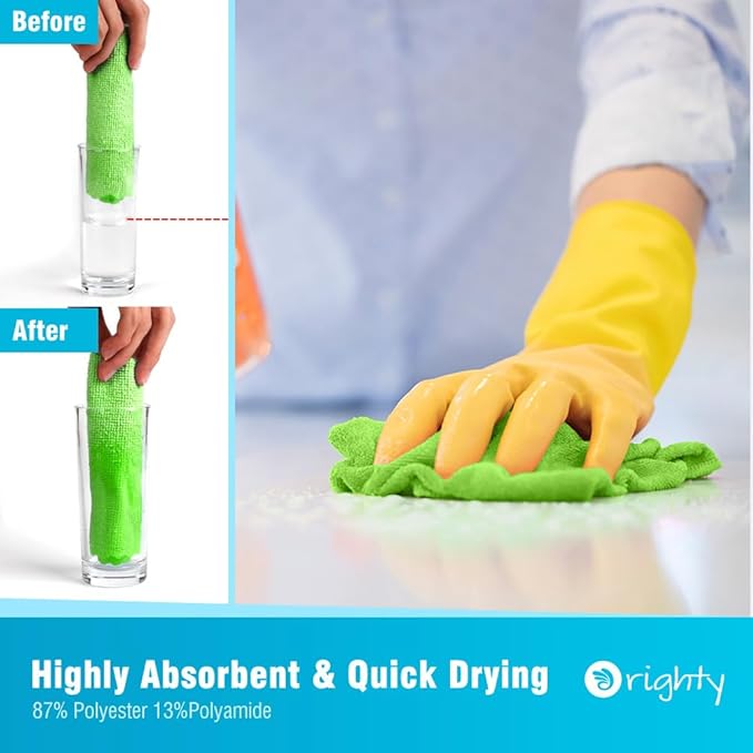 Orighty Microfiber Cleaning Cloth - 24 Pack, Green Cleaning Rags 12x11 inch | Microfiber Towels for Cars, Highly Absorbent Household Cleaning Supplies, Reusable Lint Free Cloths for House, Kitchen