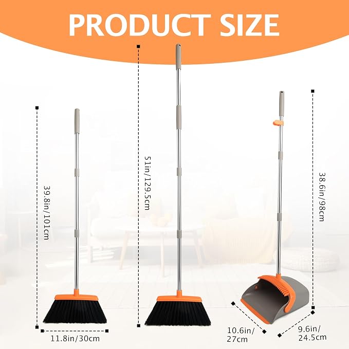 2-Pack Broom and Dustpan Combo Set, Long Handle, Gray Orange | Standing Dustpan, Heavy Dust,House Accessories for Home, Kitchen, Office, Pet Hair