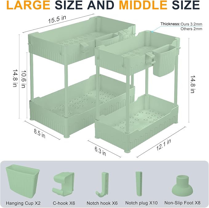 Sevenblue 2 Pack Under Sink Organizer, Under Bathroom Cabinet Organizer with Hooks Hanging Cup, Multi-Purpose Storage Shelf for Kitchen Bathroom (Green, 14.8 Inch)