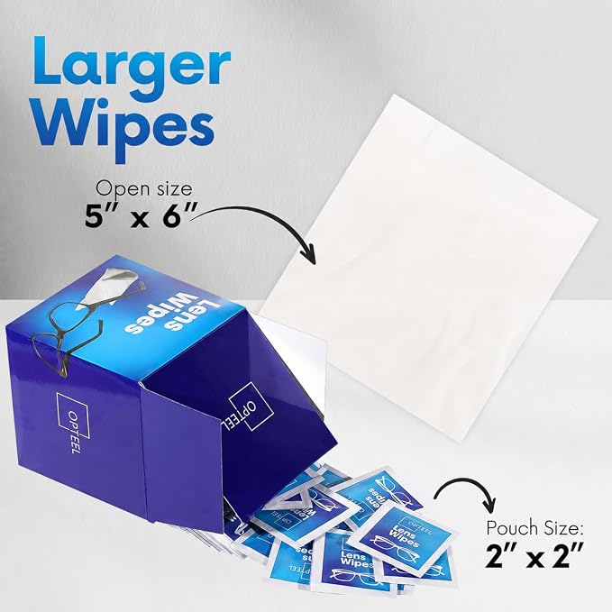OPTEEL Lens Wipes for Eyeglasses - Pre-moistened Eyeglass Lens Cleaning Wipes - 500 Lens Wipes Individually Wrapped Sracth-Free Streak-Free Eye Glasses Wipes Lens Cleaner for Sunglass & Camera Lens