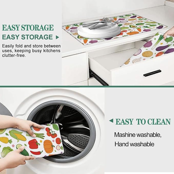 Vegetables Dish Drying Mat, for Farmhouse Kitchen Counter Microfiber Absorbent, Dish Draining Mat Extra Large 18"x24"