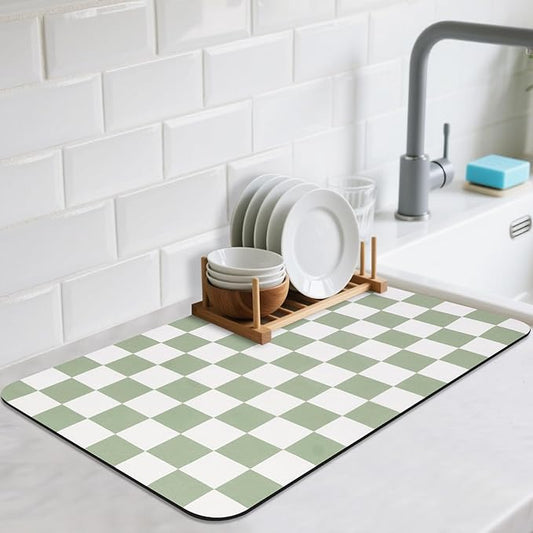 CooRug Checkered Dish Drying Mat, 16" x 24", Green | Absorbent, Leak-Proof, Non-Slip, Heat Resistant, For Kitchen Counter & Coffee Bar, Eco-friendly Materials, Easy to Clean