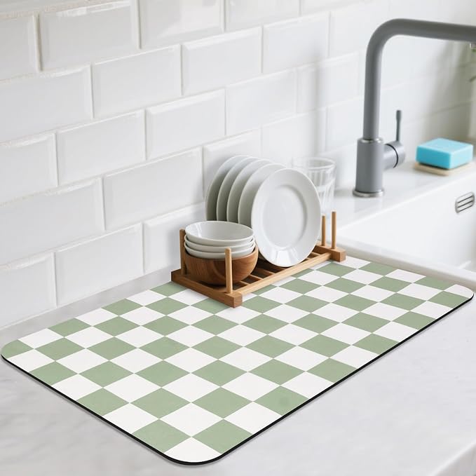 CooRug Checkered Dish Drying Mat, 12" x 20", Green | Absorbent, Leak-Proof, Non-Slip, Heat Resistant, For Kitchen Counter & Coffee Bar, Eco-friendly Materials, Easy to Clean