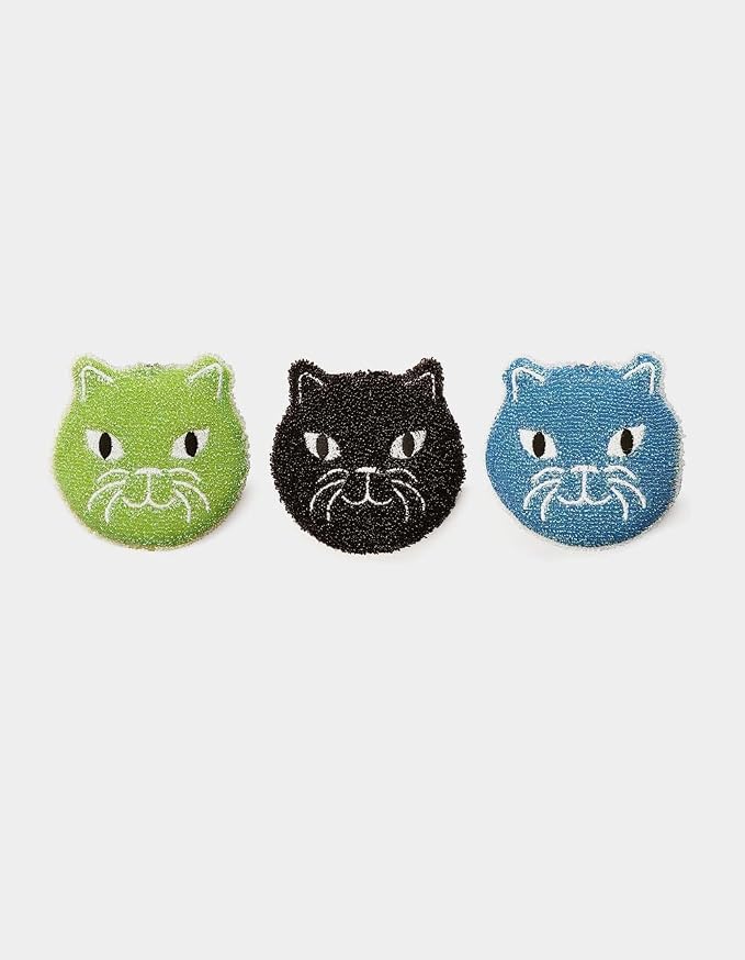 Kikkerland Reusable Cat Scrub Sponge – Cleaning Supplies for Kitchen, Home Essentials – Fun Gifts for Kids & Adults – Set of 3