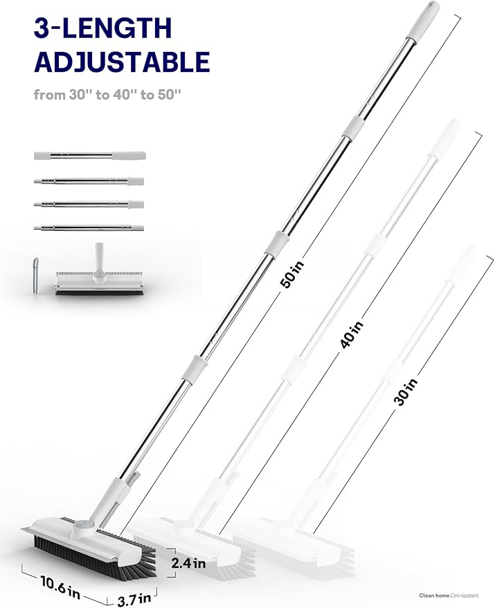 3 in 1 Floor Scrub Brush with Long Handle, Multi-Angle Swivel Head | Stiff Dual-side Bristle, Floor Scrubber with Squeegee & Tweezer for Tile Wall Deck Bathtub Patio Garage Pool Kitchen (White)