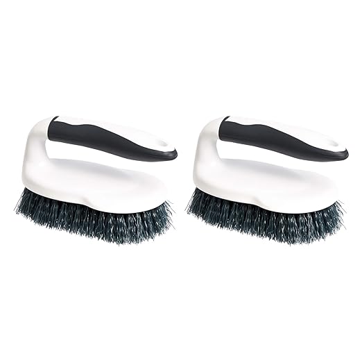 Amazon Basics All Purpose Rectangular Scrub Brush, Hard Bristle, Stiff Bristles, Sturdy, Ergonomic Long Handle, Durable, 2-Pack, White & Black