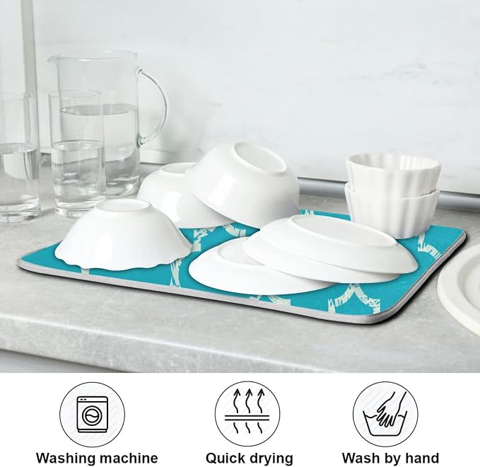 senya Super Absorbent Dish Drying Mat, Microfiber Fast-Drying Dish Mat, 16'' x 18'', Kitchen Dish Drying Pad, Beautiful Grunge White Morrocan Trellis,16x18in