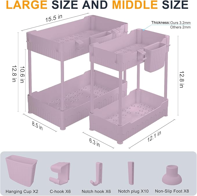 Sevenblue 2 Pack Under Sink Organizer, Under Bathroom Cabinet Organizer with Hooks Hanging Cup, Multi-Purpose Storage Shelf for Kitchen Bathroom (Pink, 12.8 Inch)