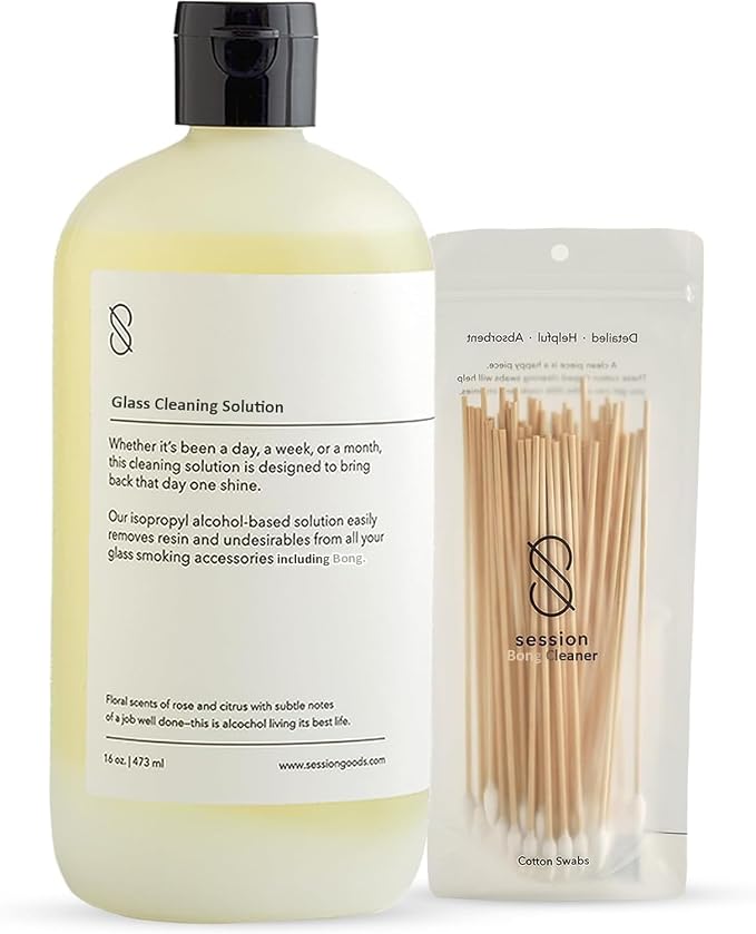 Session Goods Glass Cleaning Solution 16Oz Scented with Cotton Swabs | Glass Pipe Cleaner, Water Pipe Cleaner Cleans Metal, Silicone, Ceramic & Resin Remover, Destroy Wax, Oil & Stinky Debris